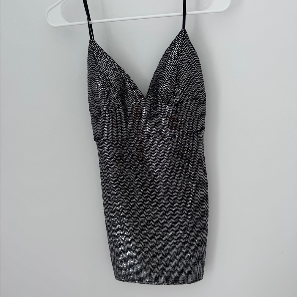 Lulu's Sequined Mini Dress Spaghetti Strap Plunge